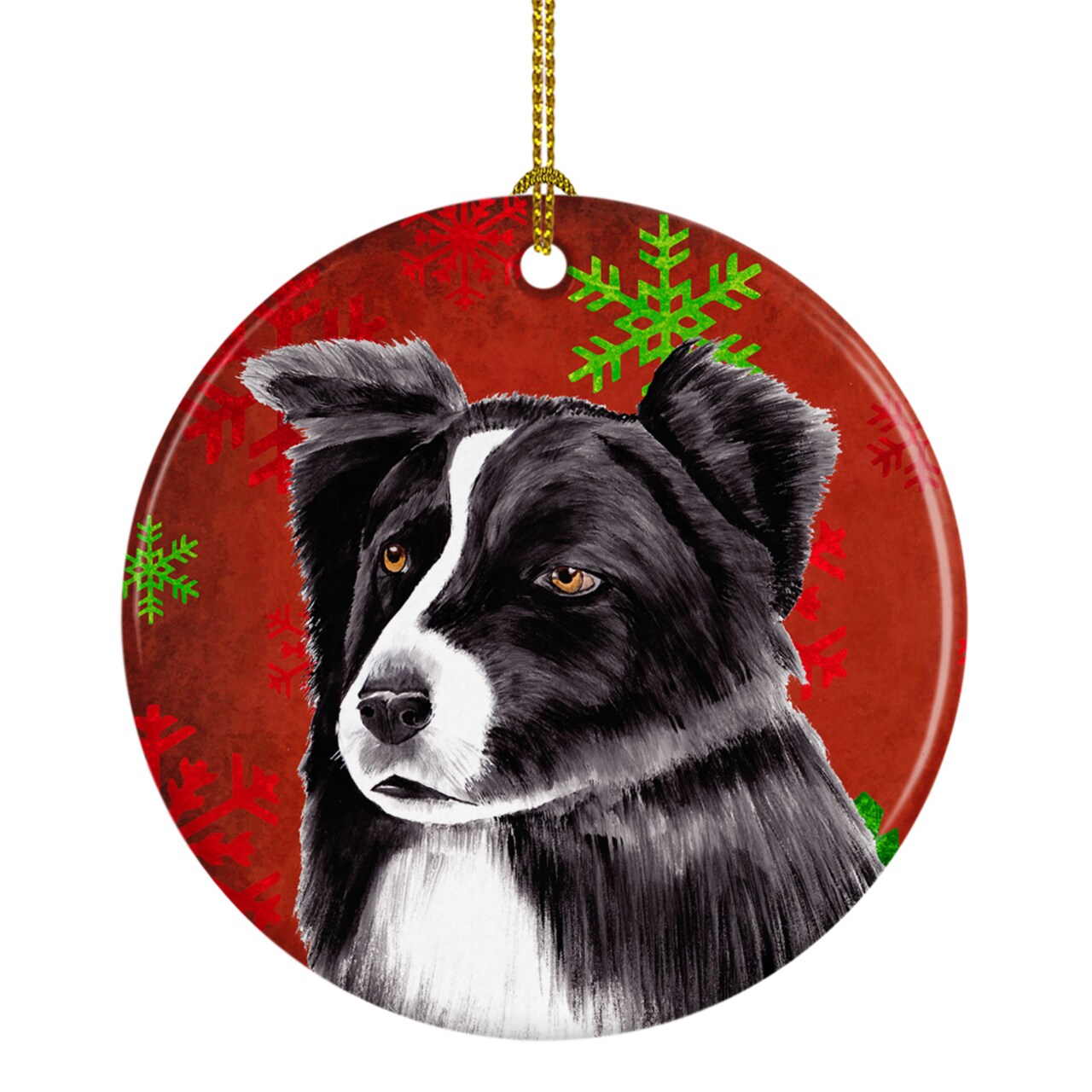 Caroline&#x27;s Treasures   SC9407-CO1 Border Collie Red and Green Snowflakes Holiday Christmas Ceramic Ornament, 3 in, multicolor